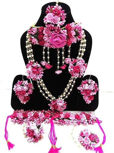 12seasons Flower Jewellery Set for Haldi Baby Shower Mehendi Godbharai Pink Paper Set for Women and Girls